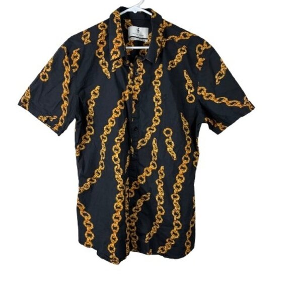 Father Sons Stretch Slim Fit Black Gold Chain Print Short Sleeve Shirt XXL Retro - Picture 1 of 6